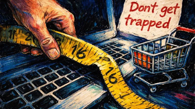 Measured Escape A hand bends a measuring tape across a laptop showing a furniture cart and a note reading 'Don't get