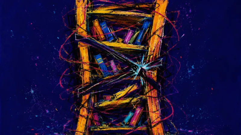Pinned Framework A warped bookcase squeezed by crossed marks, representing decision paralysis, control, and fear that