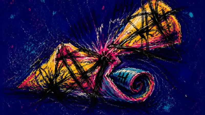 A party horn crushed shut by tangled force, representing guilt, indecision, and the fear that 