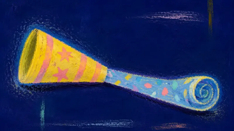 A party horn opened into a clear balanced form, representing self-trust, honest choice, and calm