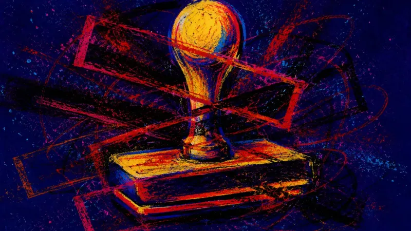 Pressed for Proof An abstract desk stamp crushed into disorder, reflecting the anxiety of performing productivity to a