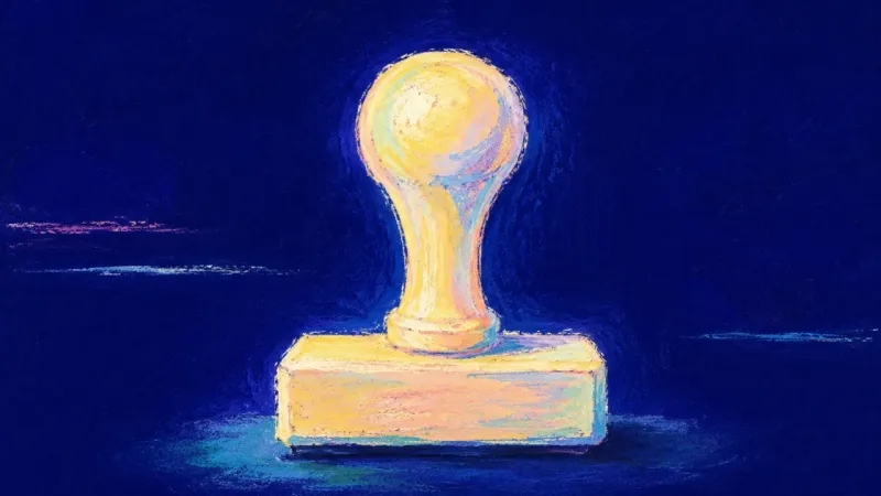 Quiet Competence An abstract desk stamp restored to clean balance, reflecting self-trust, clear completion, and stead