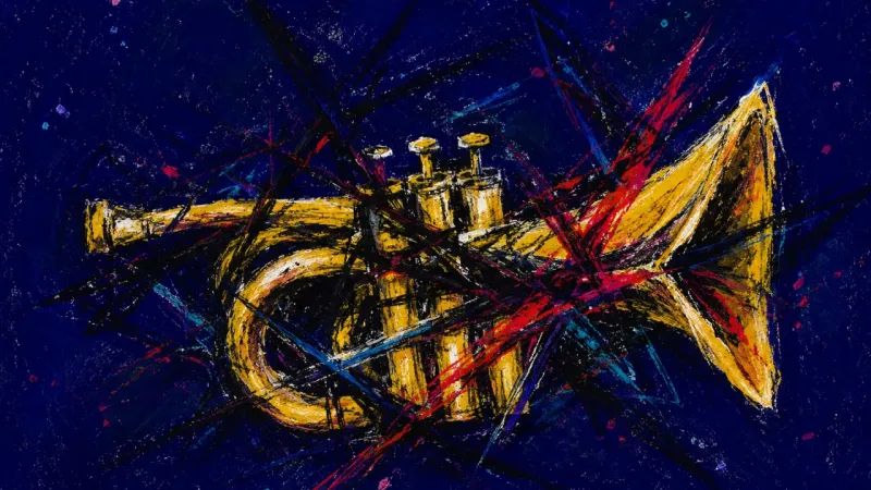 A trumpet crushed inward and tangled by chaotic marks, showing shame-driven silence and inner disord