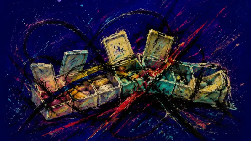 Compartment Collapse A warped pill organizer tangled in chaotic marks, symbolizing survival-mode burnout and the pressure