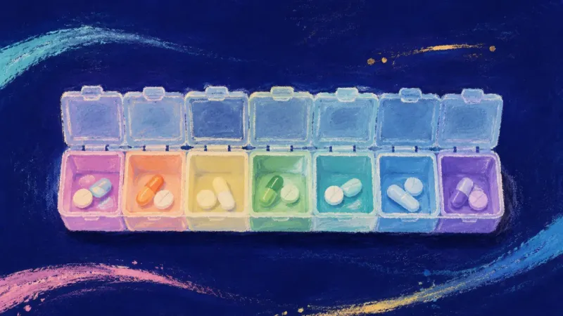 Measured Return An orderly pill organizer with restored compartments, symbolizing burnout recovery through simple