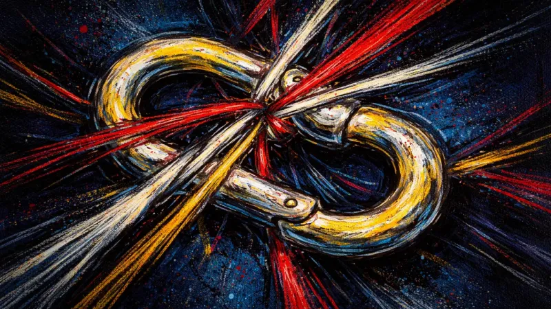 Jammed Loop A distorted carabiner entangled in harsh crossing lines, representing fear-driven paralysis around