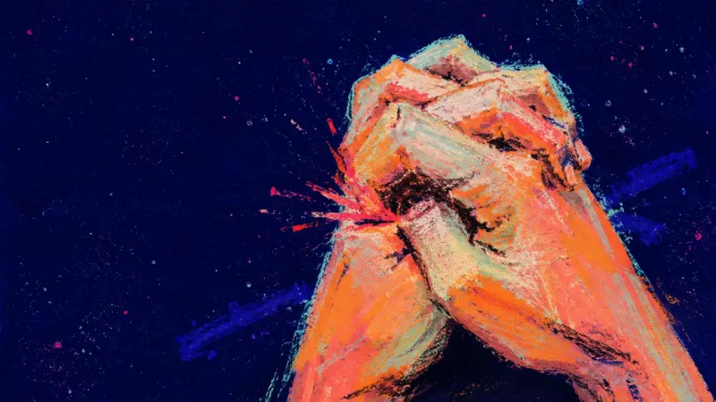 Knotted Composure Interlaced fingers clenched into a crooked knot, reflecting shutdown and overcontrol after being so.