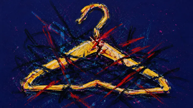 Warped Presentation A distorted hanger trapped in chaotic lines, symbolizing embarrassment, shutdown, and overcontrol