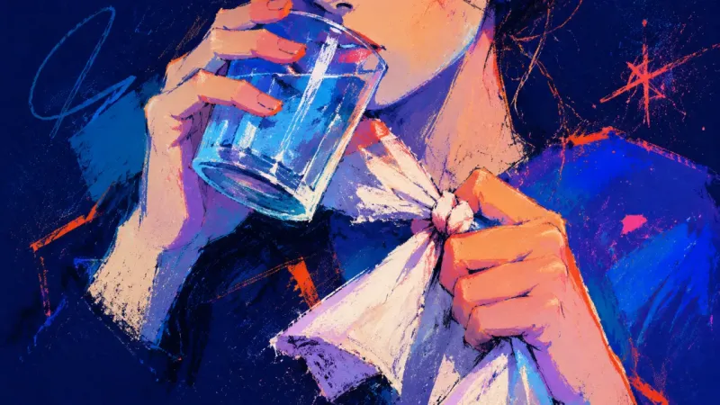 The Inherited Punchline A cropped figure holds a water glass while knotting a dinner napkin, capturing forced politeness in