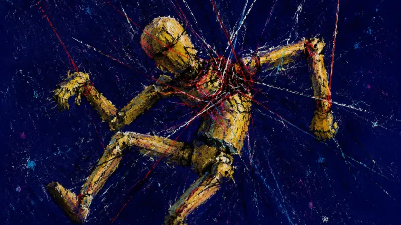 Tangled Compliance A marionette twisted into tangled angles, symbolizing self-erasure and forced agreeableness during