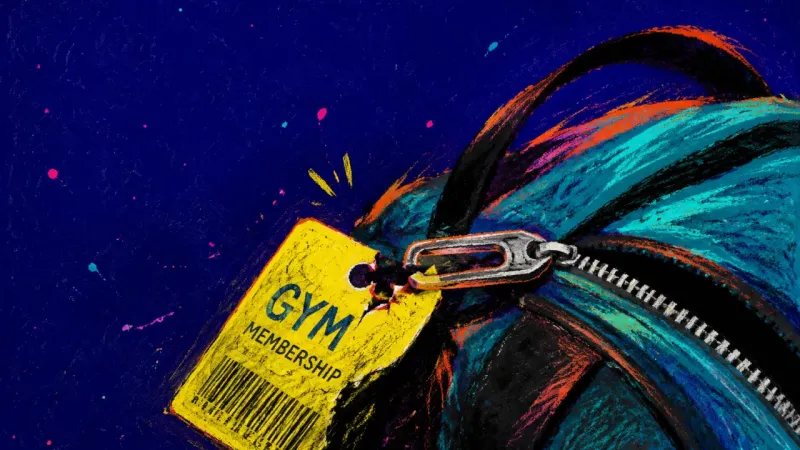 Deferred Entry A gym bag tag snagged in a jammed zipper, symbolizing burnout that makes one small routine feel too;