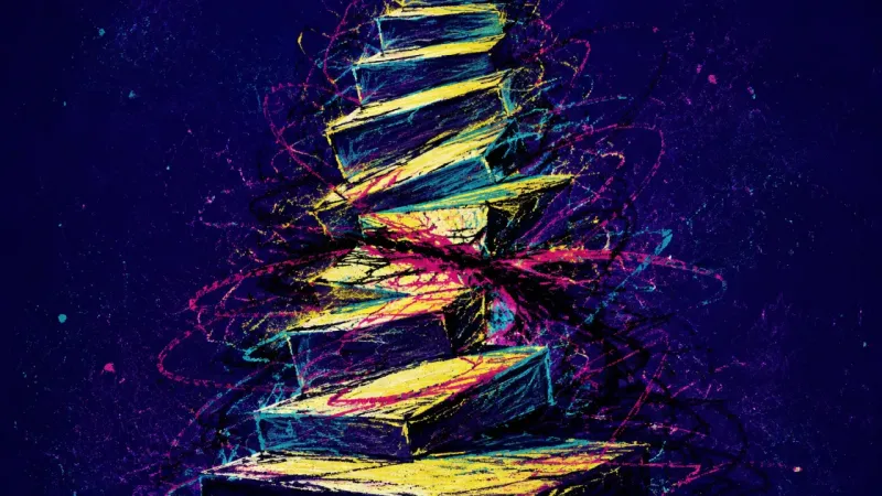 Crushed Ascent A distorted staircase choked by chaotic pressure, representing burnout that turns small duties into;