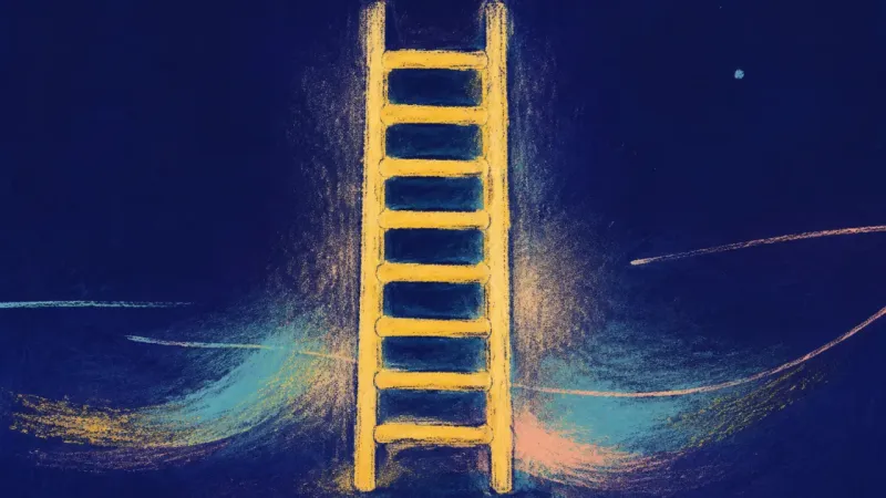 Steady Ascent An abstract ladder restored to even spacing and calm order, representing grounded self-trust and a