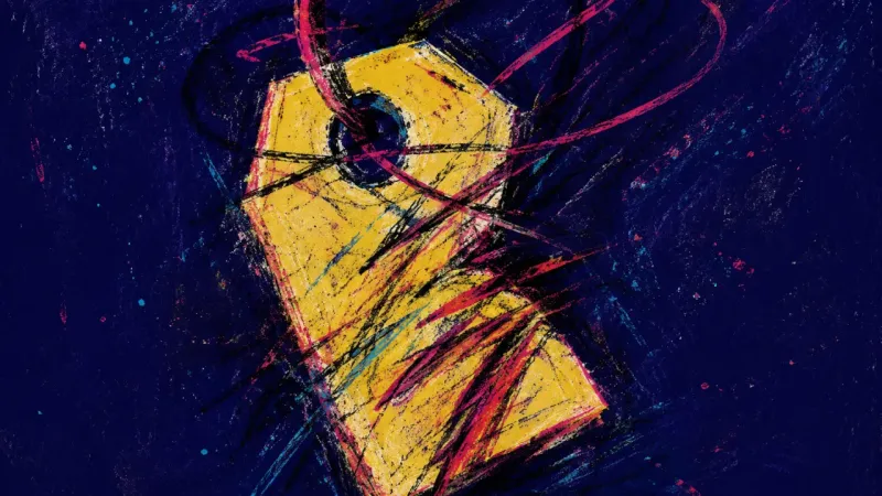 Priced by History A warped price tag tangled in chaotic marks, representing salary anchoring, self-doubt, and the urge