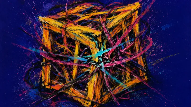 A crate crushed into a tangled snarl, representing backlog paralysis, mental fog, and the fear that