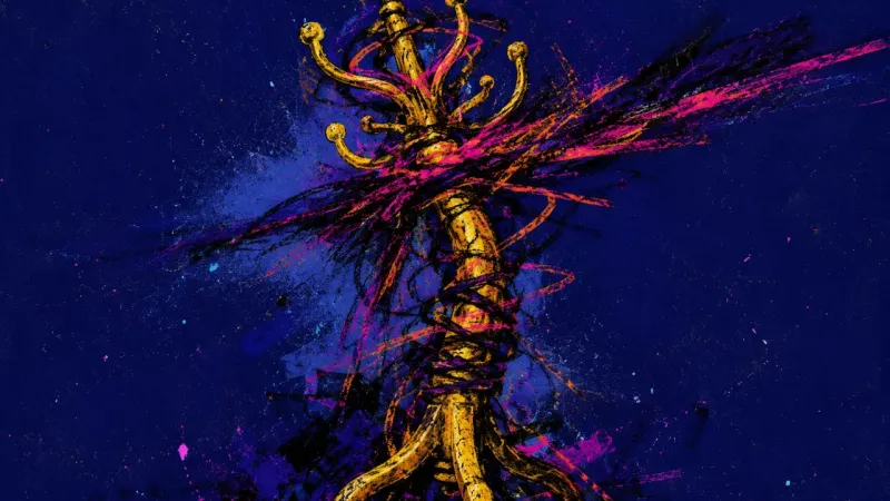 Held Too Long An abstract coat stand buckles under tangled pressure, representing burnout, scarcity thinking, and