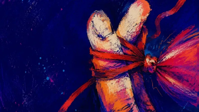 Choked Applause Balloon ribbon wound tight around two fingers until the balloon neck twists shut, mirroring the urge