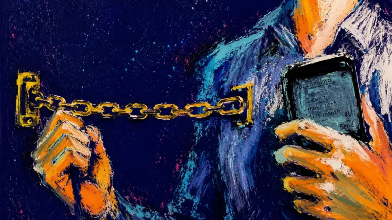 The Last Link A cropped torso pulls a door chain to its last link while holding an unsent text about rent help, ev