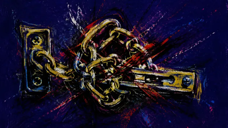 Borrowed Access A door chain warped into a constricted knot, expressing guilt, surveillance, and the pressure to buy