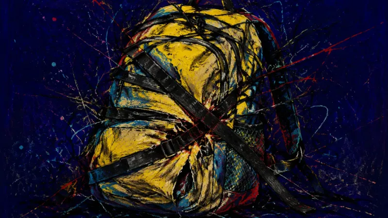 An abstract backpack buckles under tangled pressure, expressing expanding lead-level work, vague t