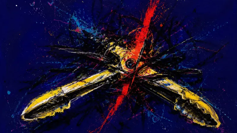 Clamped Silence A pair of tongs twisted shut and trapped in chaotic marks, representing the pressure and silence of