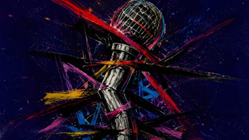 A microphone warped and cut through by interrupting marks, symbolizing a voice suppressed in meetin