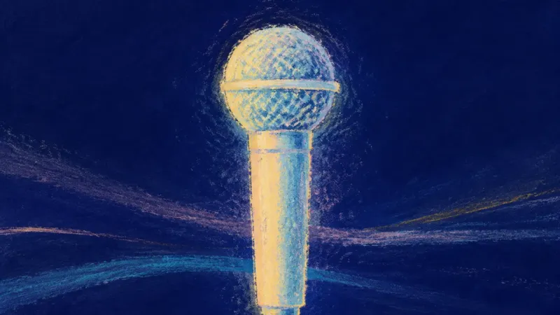 A microphone restored to a clean outline, symbolizing a reclaimed voice, clear boundaries, and s  