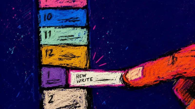 The Last Open Slot A fingertip forces a tiny writing block into an overcrowded calendar, capturing the burnout tension