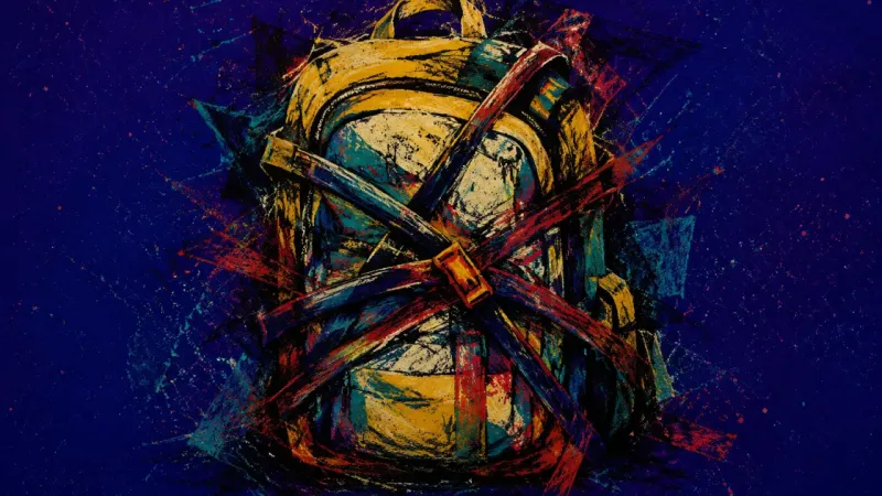 Crushed Capacity A backpack warped by tangled pressure and hidden load, representing burnout, overcommitment, and