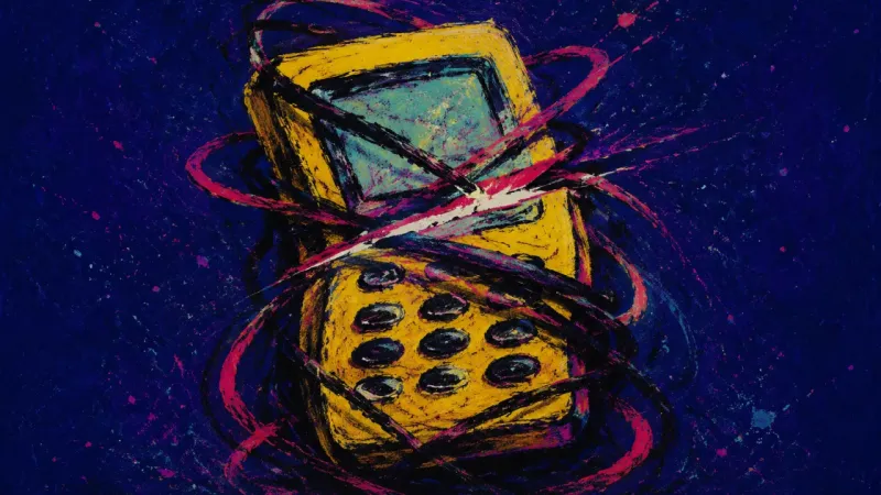Bound by Signal A pager squeezed and crossed by chaotic loops, representing work-life decision paralysis and fear of