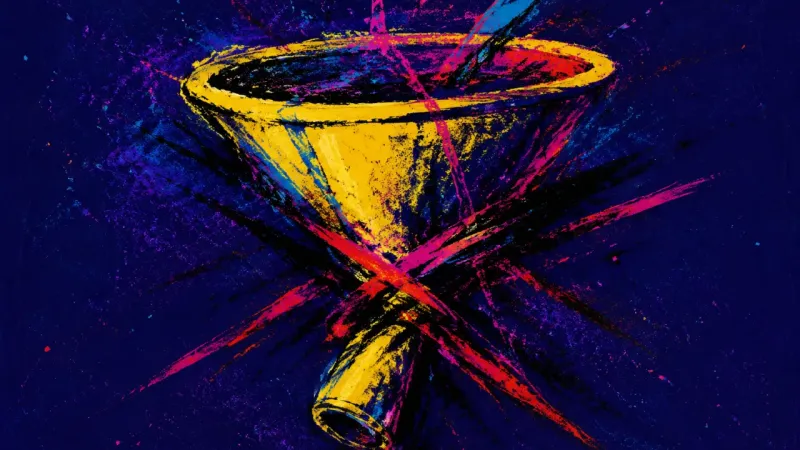 Choked Channel An abstract funnel crushed and choked by chaotic pressure, representing exam-night overstudying, p