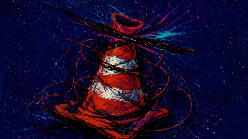 Bent Warning A distorted boundary marker squeezed into a chaotic form, representing public self-silencing under