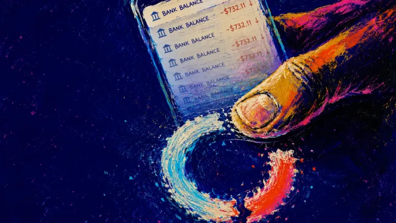 A bank-balance screen pulled to refresh again and again after a tap-to-pay decline.