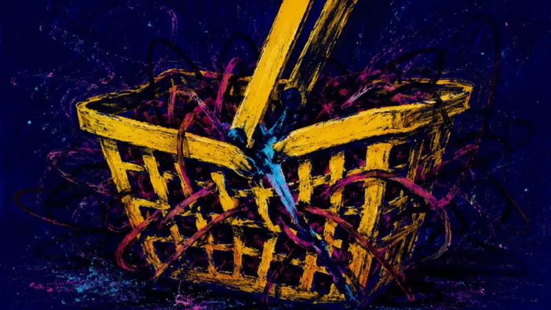 A shopping basket crushed inward and tangled by frantic lines, representing shame and money hyperv
