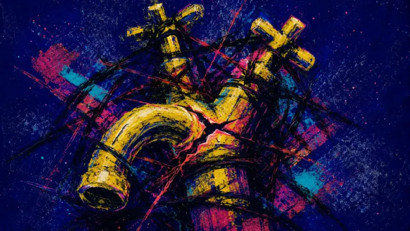Pressure Lock A warped faucet tangled in dense marks, representing social-pressure spiraling, indecision, and the