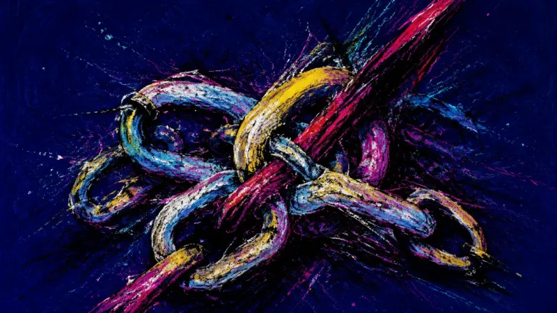Locked Links An abstract chain crushed into a tight knot, symbolizing commitment anxiety, inherited fear, and the