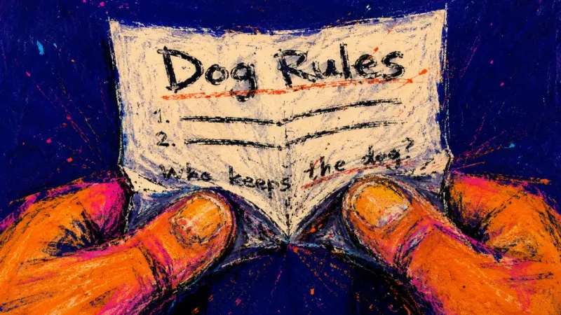 Folded Verdict Two tense thumbs bend a page titled Dog Rules until the line about who keeps the dog caves into the.