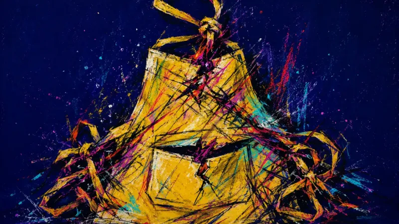 Care in Knots A distorted apron tangled in chaotic marks, representing commitment anxiety and fear of carrying