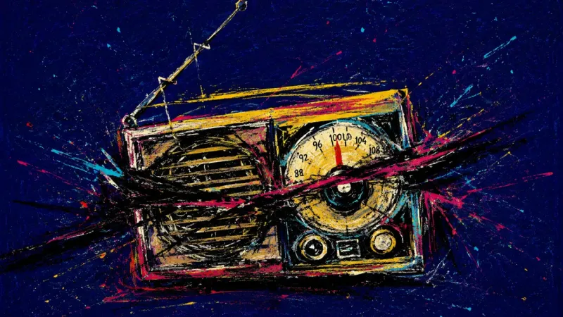 An abstract radio caught in interference, expressing work negotiation paralysis, overload, and fear
