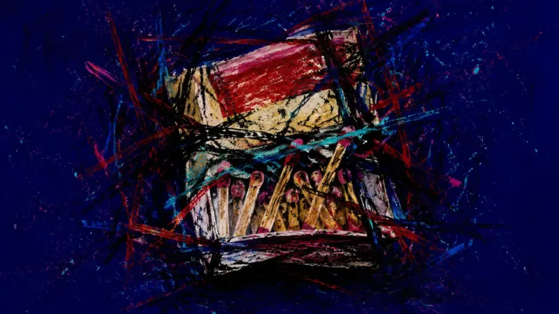 Ignition Denied A warped matchbook trapped in dense marks, representing productive procrastination and the pressure