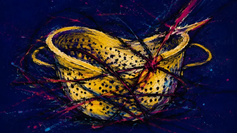 Jammed Filter A warped colander tangled in chaotic lines, expressing overwhelm, split attention, and the fear of f