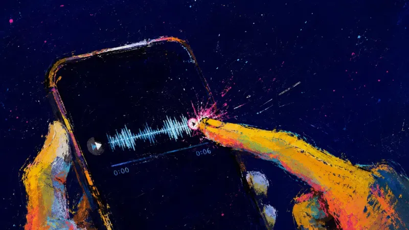 A fingertip repeatedly drags an old voice-note waveform back to the start on a quiet chat thread, re