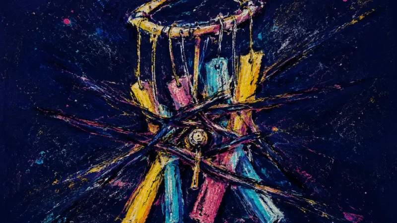 A tangled wind chime collapsing into its own cords, representing grief, rumination, and the pressure