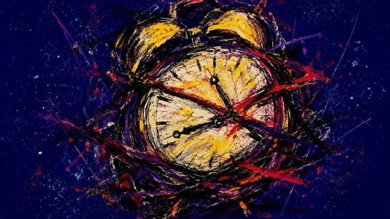 An alarm clock distorted and trapped in chaotic lines, symbolizing morning avoidance, self-judgment,