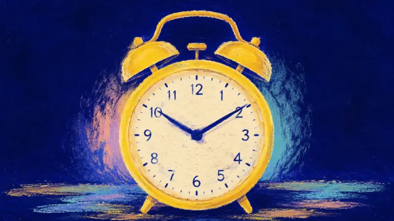 An alarm clock restored to balanced order, symbolizing a calmer start, follow-through, and growing s