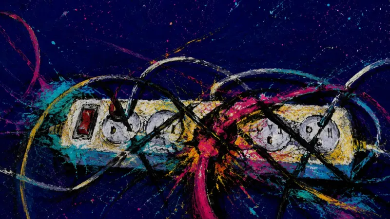 An overloaded power strip tangled into chaos, representing the pressure to stay nice by feeding a