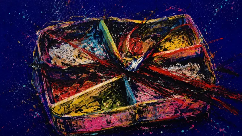 Collapsed Compartments A warped bento box with its sections crushed together, representing burnout spillover and the coll
