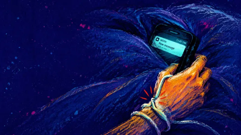 A phone caught in bed linens while its charging cable loops around a tense wrist, symbolizing the tr