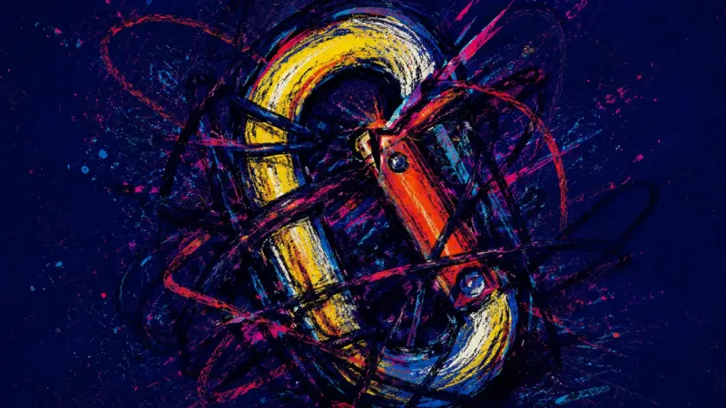 A distorted carabiner trapped in tangled lines, representing burnout from always-on work messaging.