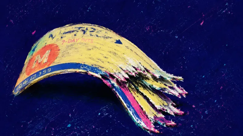 Held in Transit A transit pass bent into a strained arc with one corner frayed apart, symbolizing the shame loop ofa